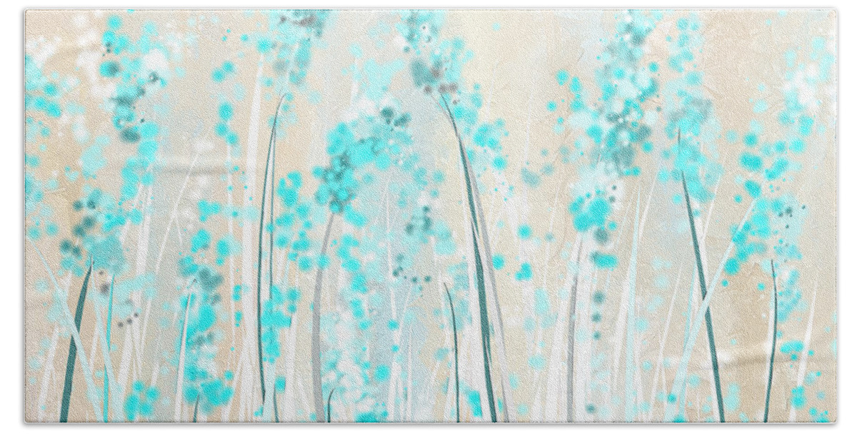 Blue Hand Towel featuring the painting Soft Blues- Teal And Cream Art by Lourry Legarde