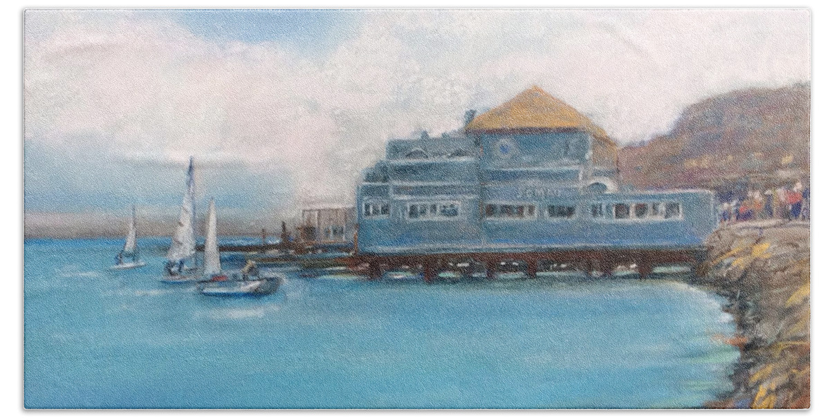 Sausalito Bath Towel featuring the painting Soma's Restaurant by Hilda Vandergriff