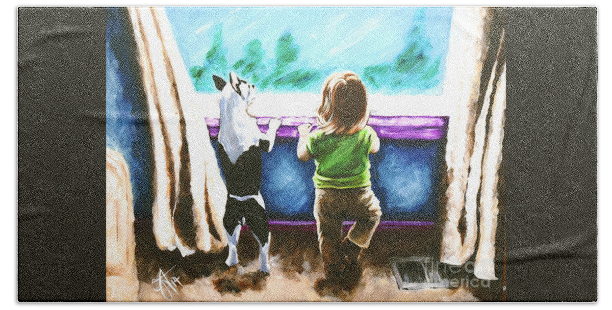 Child Bath Towel featuring the painting Waiting For Daddy Dog Boston Terrier Child Home House Window Jackie Carpenter Pet Dogs Puppy by Jackie Carpenter