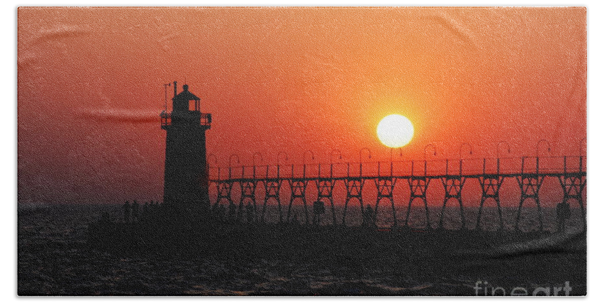 Sunset Hand Towel featuring the photograph South Haven Lighthouse at Sunset 1 by Nancy Mueller