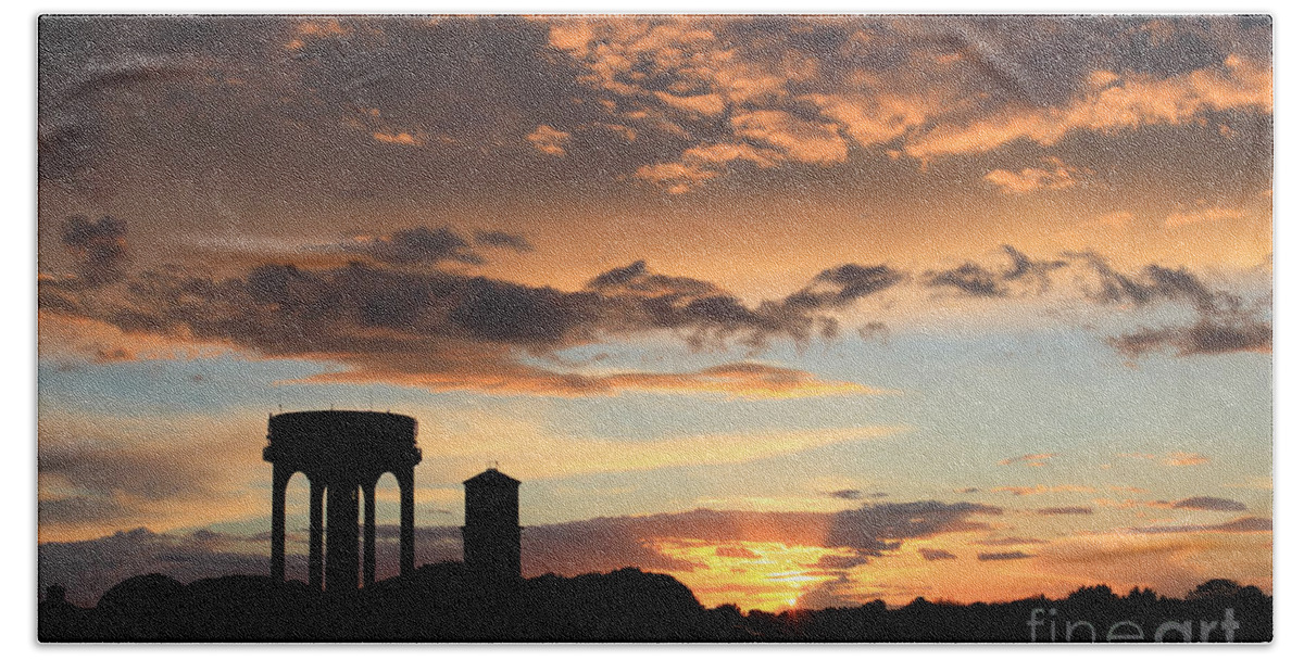 Southwold Common Sunset Dusk Uk England English British Britain Water Towers Landscape Landmark Icon Iconic Suffolk Scenic Cloud Formations Summer Calm Tranquil Bath Towel featuring the photograph Water Towers on Southwold Common by Julia Gavin