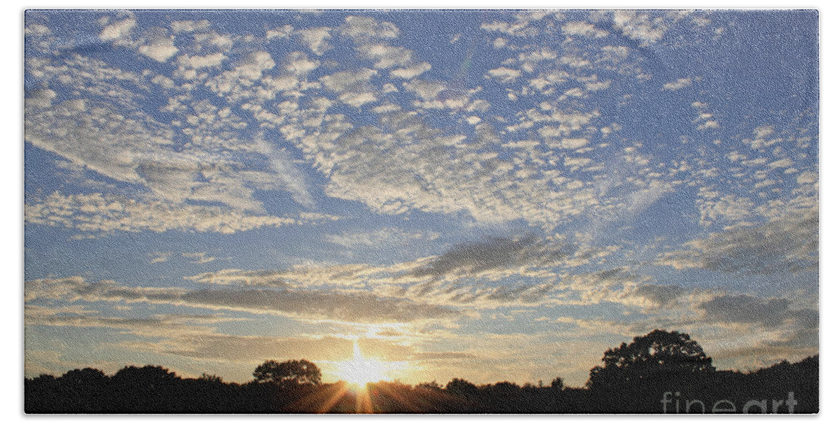 Spectacular Altocumulus Mackerel Cloud Formations Clouds Dusk Sky English British Landscape Sunburst Countryside Sunset Sun Set Hand Towel featuring the photograph Spectacular Sunset England by Julia Gavin