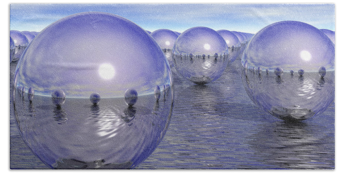 Surreal Bath Towel featuring the digital art Spheres On The Water by Phil Perkins
