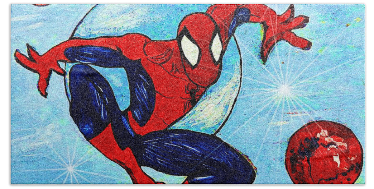 Spiderman Bath Towel featuring the painting Spiderman Out of the Blue 2 by Saundra Myles