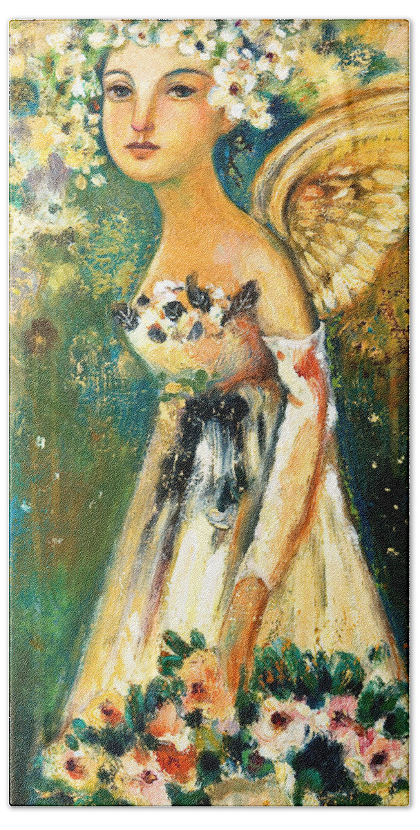 Angel Hand Towel featuring the painting Spring Angel by Shijun Munns