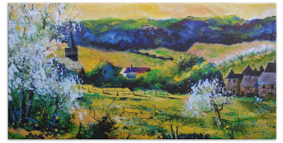Landscape Bath Sheet featuring the painting Spring in Matagne by Pol Ledent