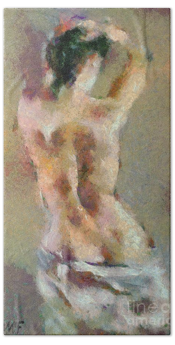 Female Nude Hand Towel featuring the painting Spring morning by Dragica Micki Fortuna