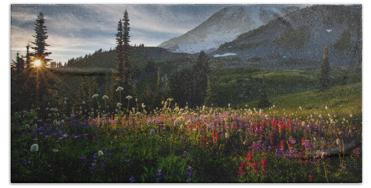 Mt. Ranier Hand Towel featuring the photograph Spring time at Mt. Rainier Washington by Larry Marshall