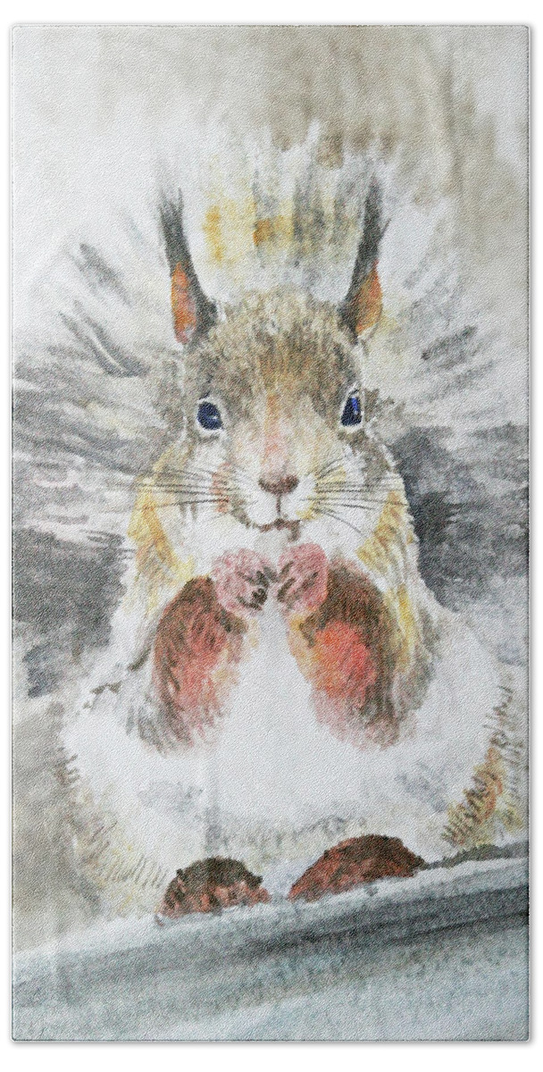 Squirrel Hand Towel featuring the painting Squirrel. Watercolor by Masha Batkova