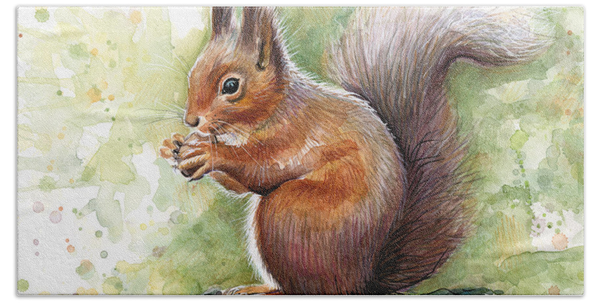 Squirrel Hand Towel featuring the painting Squirrel Watercolor Art by Olga Shvartsur