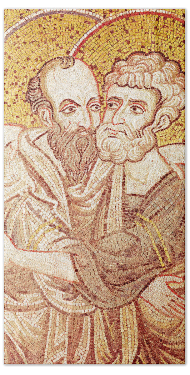 Male Hand Towel featuring the tapestry - textile Saints Peter And Paul Embracing by Byzantine School