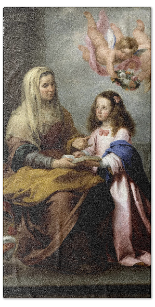 Bartolome Esteban Murillo Bath Towel featuring the painting St. Anne teaching the Virgin to read by Bartolome Esteban Murillo