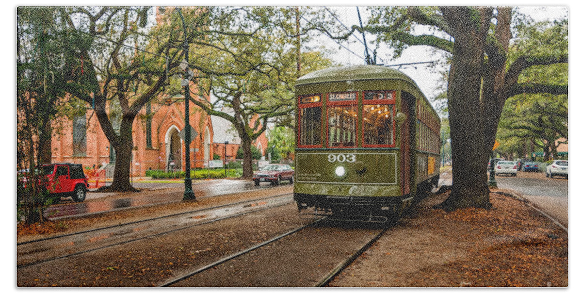 Garden District Hand Towel featuring the photograph St. Charles Ave. Streetcar in New Orleans by Kathleen K Parker