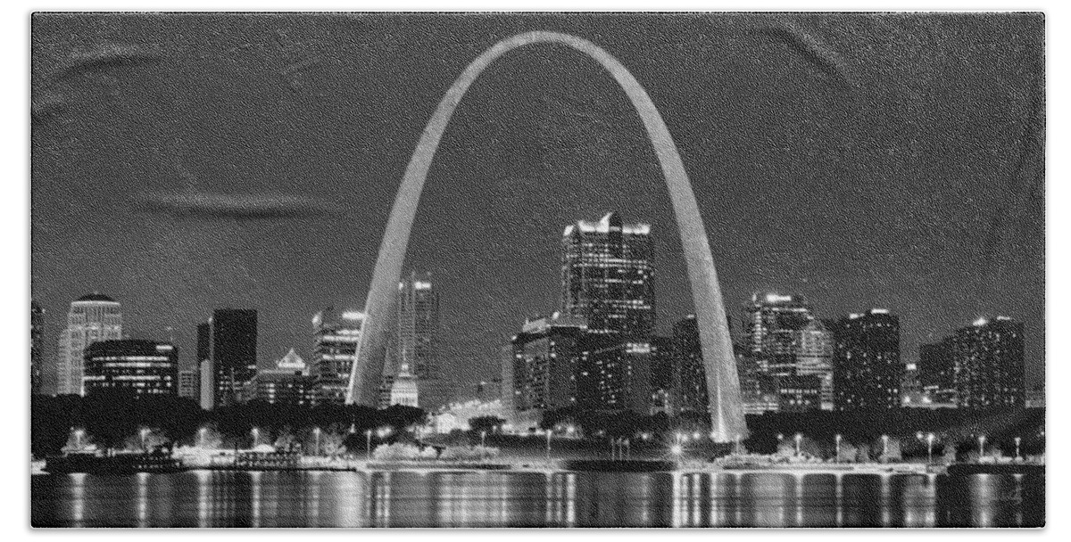 St. Louis Skyline Bath Towel featuring the photograph St. Louis Skyline at Night Gateway Arch Black and White BW Panorama Missouri by Jon Holiday