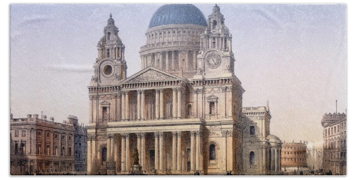 St Paul's Cathedral Hand Towel featuring the drawing St Pauls Cathedral by Achille-Louis Martinet