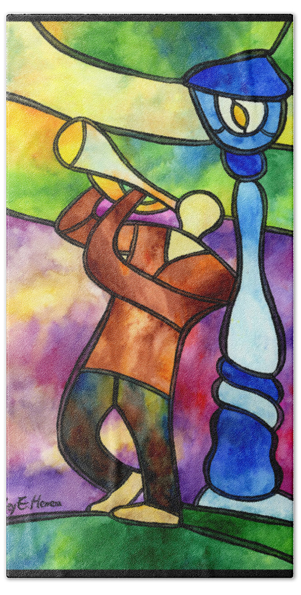 Jazz Hand Towel featuring the painting Stained Glass Jazzman by Hailey E Herrera