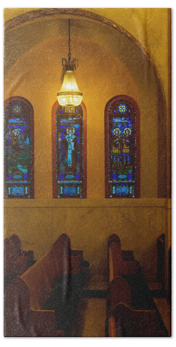1948 Bath Towel featuring the photograph Stained Glass Windows at St Sophia by Ed Gleichman