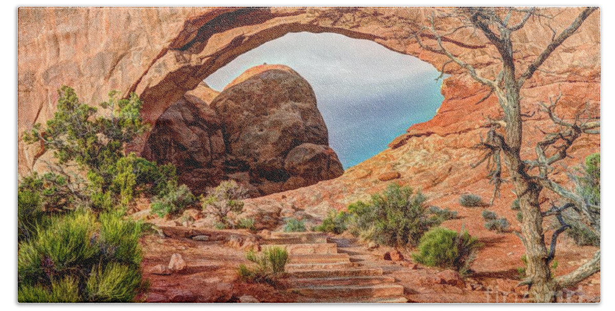 Arches National Park Bath Sheet featuring the photograph Stairway to Heaven - North Window Arch by Gary Whitton