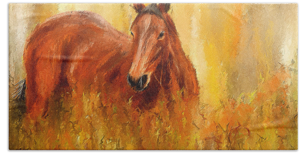 Bay Horse Paintings Bath Towel featuring the painting Stallion in Autumn - Bay Horse Paintings by Lourry Legarde