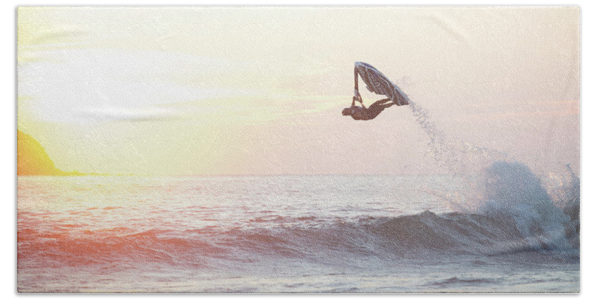Scenics Hand Towel featuring the photograph Stand Up Jet Ski Barrel Roll At Sunset by Marcos Ferro