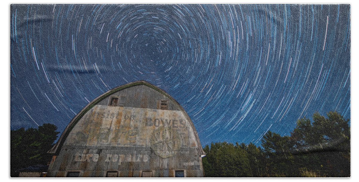 Star Bath Towel featuring the photograph Star Trails Over Barn by Paul Freidlund