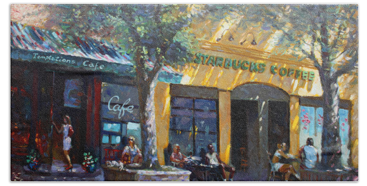 Sturbucks Bath Sheet featuring the painting Starbucks Hangout Nyack NY by Ylli Haruni