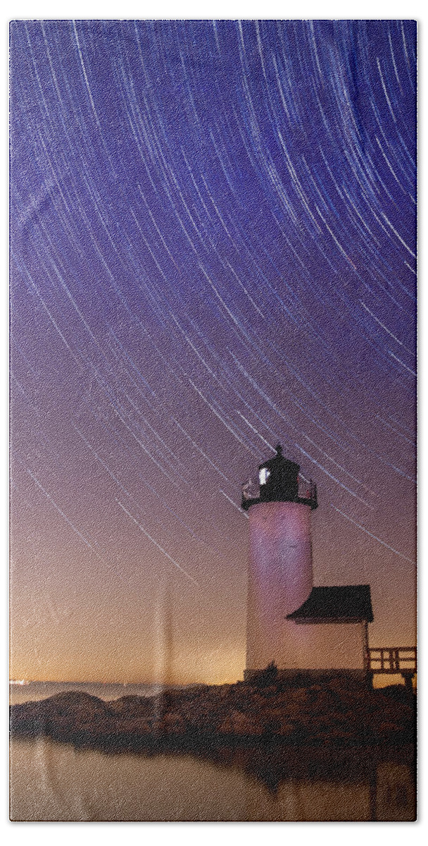 Annisquam Lighthouse Massachusetts Bath Towel featuring the photograph Stars trailing over Lighthouse by Jeff Folger