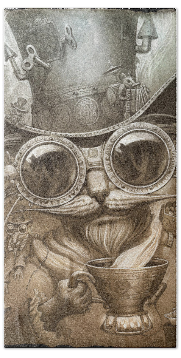 Steampunk Hand Towel featuring the painting Steampunk Cat by Jeff Haynie