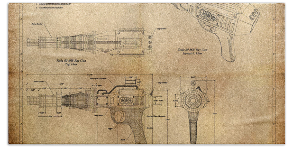 Steampunk; Gears; Housing; Cogs; Machinery; Lathe; Columns; Brass; Copper; Gold; Ratio; Rotation; Elegant; Forge; Industry; Plasma Bath Sheet featuring the painting Steampunk Raygun by James Hill