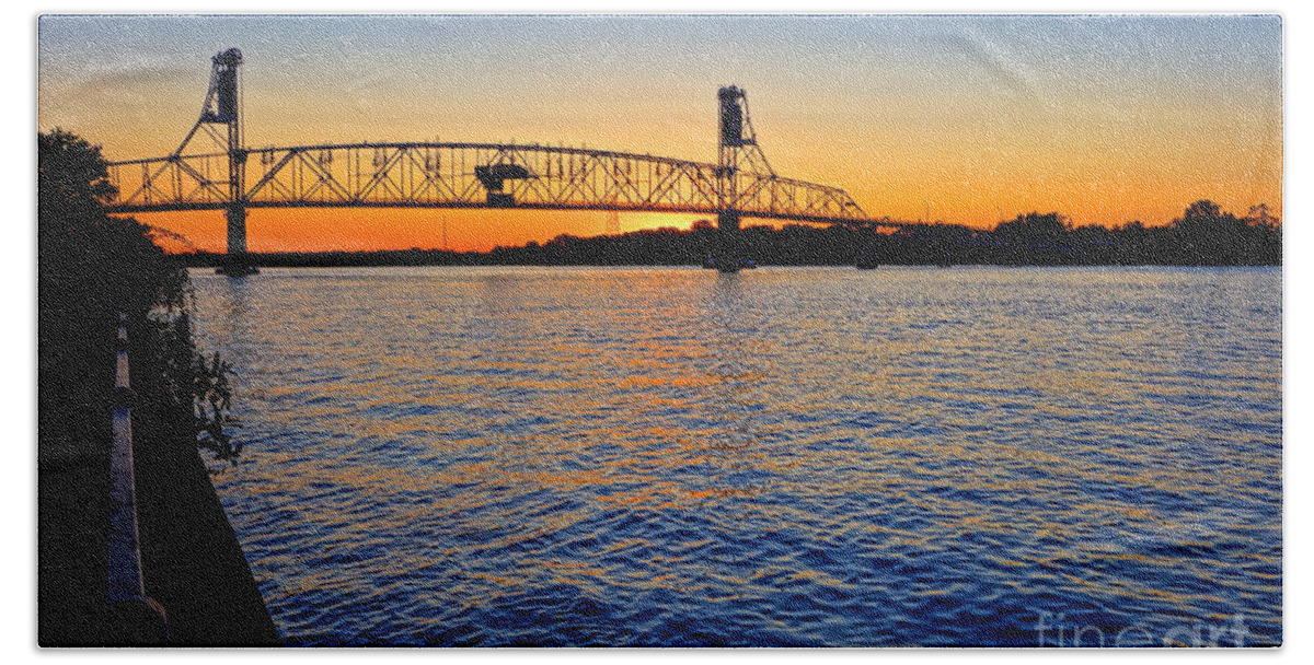 Bridge Hand Towel featuring the photograph Steel Bridge Silk Water by Olivier Le Queinec