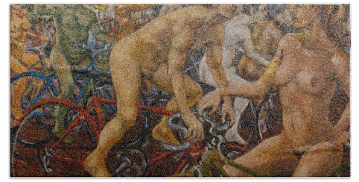 Buckingham Palace Bath Towel featuring the painting Steward guiding naked bike ride outside Buckingham Palace by Peregrine Roskilly
