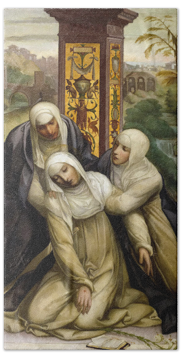 Eduardo Rosales Bath Towel featuring the painting Stigmatization of St. Catherine of Siena by Eduardo Rosales