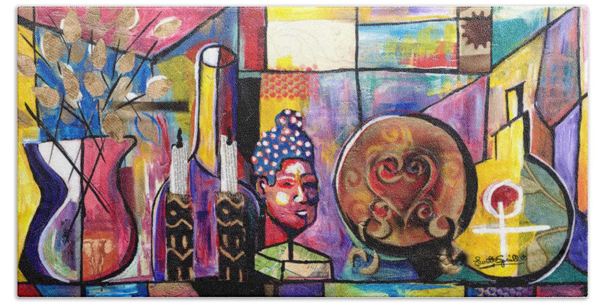 African Mask Bath Towel featuring the painting Still Life / Carols Mantel by Everett Spruill