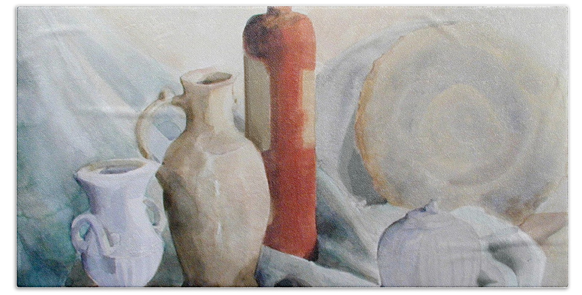 Watercolor Greta Corens Hand Towel featuring the painting Watercolor Still life with Pottery and Stone by Greta Corens