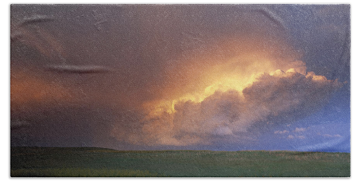 00173525 Bath Towel featuring the photograph Storm Cloud Lit By Setting Sun by Tim Fitzharris