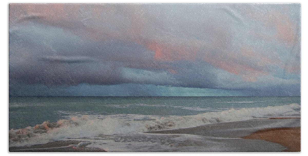 Beach Bath Towel featuring the painting Storms Comin' by Mim White