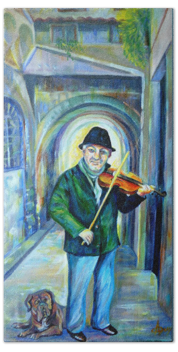 Italy Bath Sheet featuring the painting Italian Street Music. Part Two by Anna Duyunova