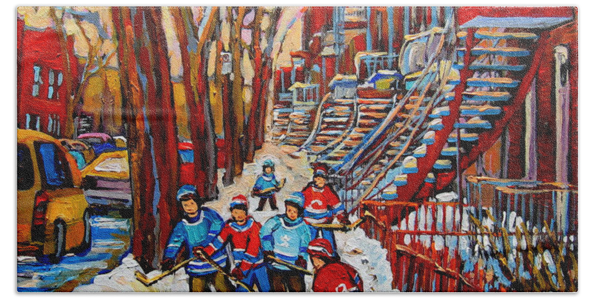 Montreal Hand Towel featuring the painting Streets Of Verdun Hockey Art Montreal Street Scene With Outdoor Winding Staircases by Carole Spandau