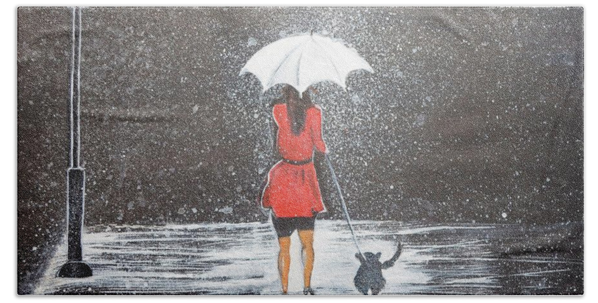 Rain Hand Towel featuring the painting Stroll in the Rain by Manjiri Kanvinde