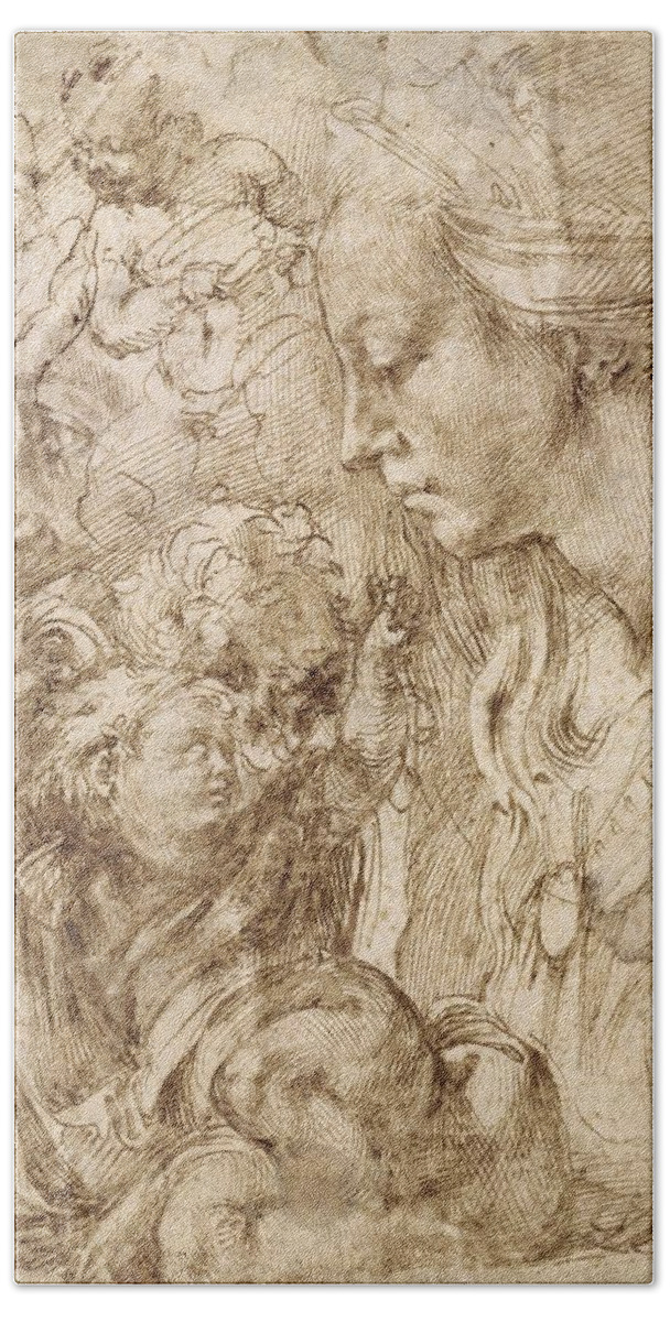 1505 Bath Sheet featuring the painting Studies for a Holy Family by Michelangelo Buonarroti