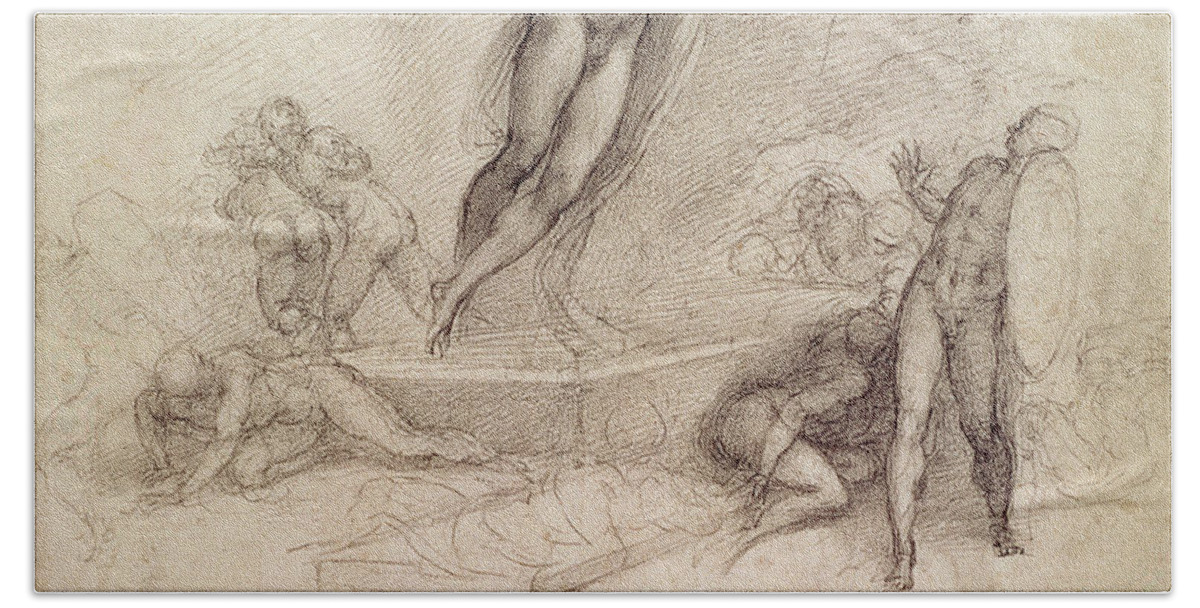 Michelangelo Hand Towel featuring the drawing Study For An Ascension by Michelangelo Buonarroti