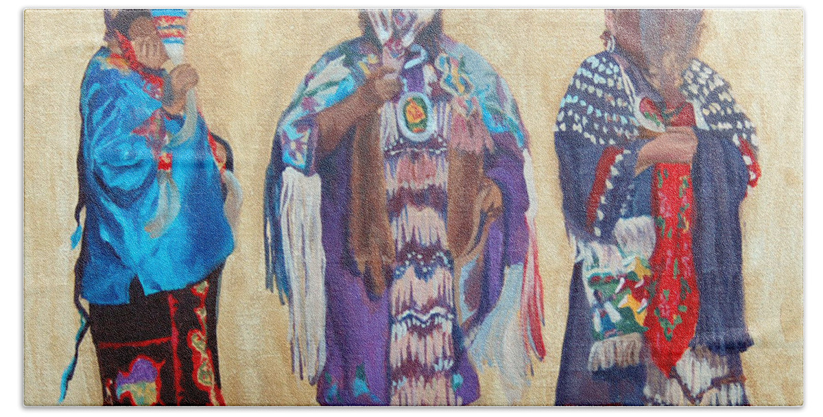 Native American Hand Towel featuring the painting Study for The Three Sentinels by Christine Lytwynczuk