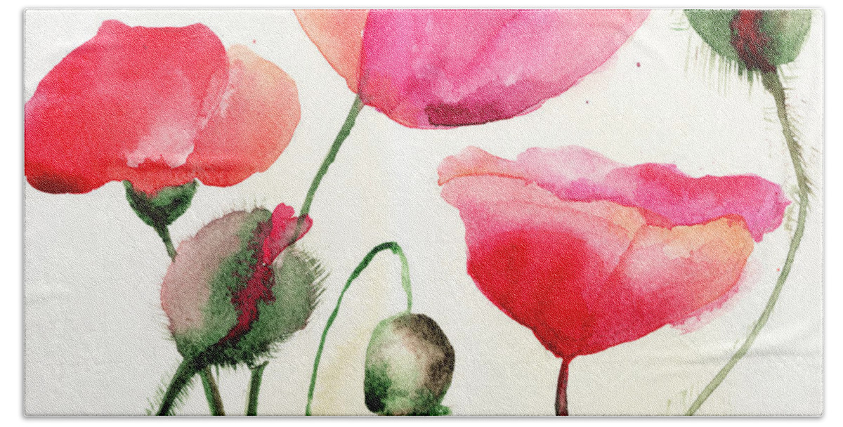 Backdrop Hand Towel featuring the painting Stylized Poppy flowers illustration by Regina Jershova