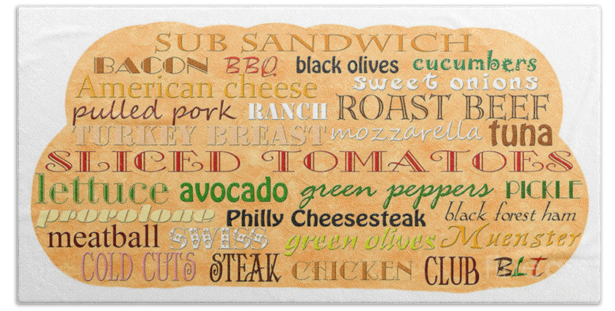 Food Bath Towel featuring the digital art Sub Sandwich Typography by Andee Design