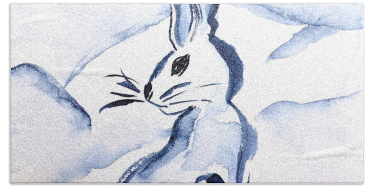 Sumi-e Snow Bunny Bath Towel featuring the painting Sumi-e Snow Bunny by Beverley Harper Tinsley