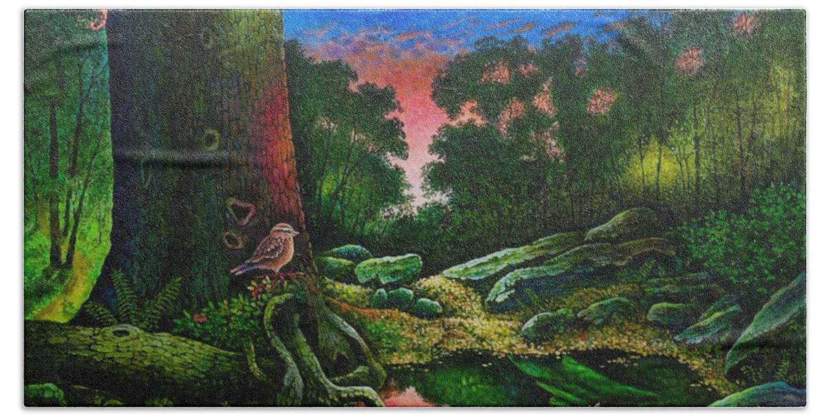 Summer Bath Towel featuring the painting Summer Twilight in the Forest by Michael Frank