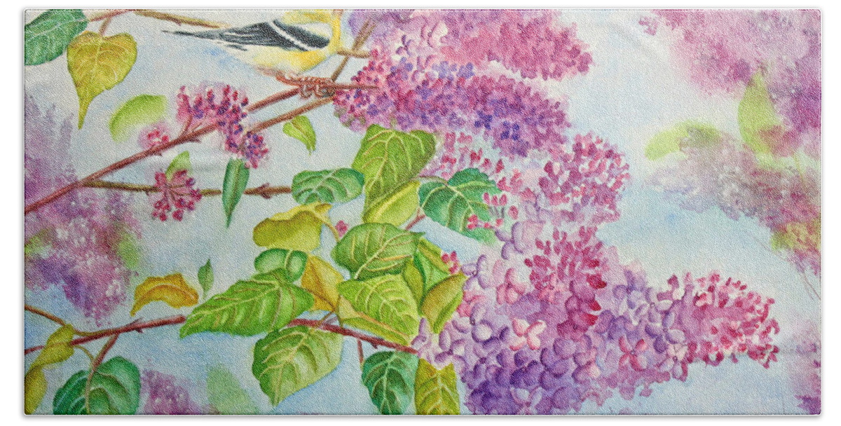 Finch Hand Towel featuring the painting Summertime Arrival II - Goldfinch and Lilacs by Kathryn Duncan