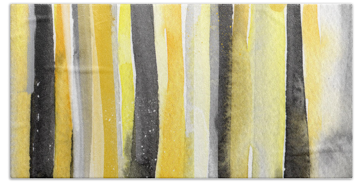 Abstract Yellow And Grey Painting Hand Towel featuring the painting Sun and Shadows- abstract painting by Linda Woods