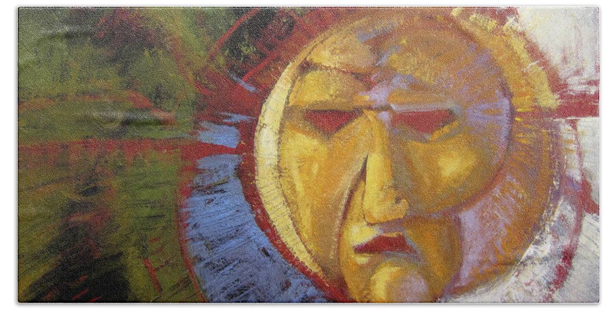 Mask Hand Towel featuring the painting Sun Mask by Randy Wollenmann