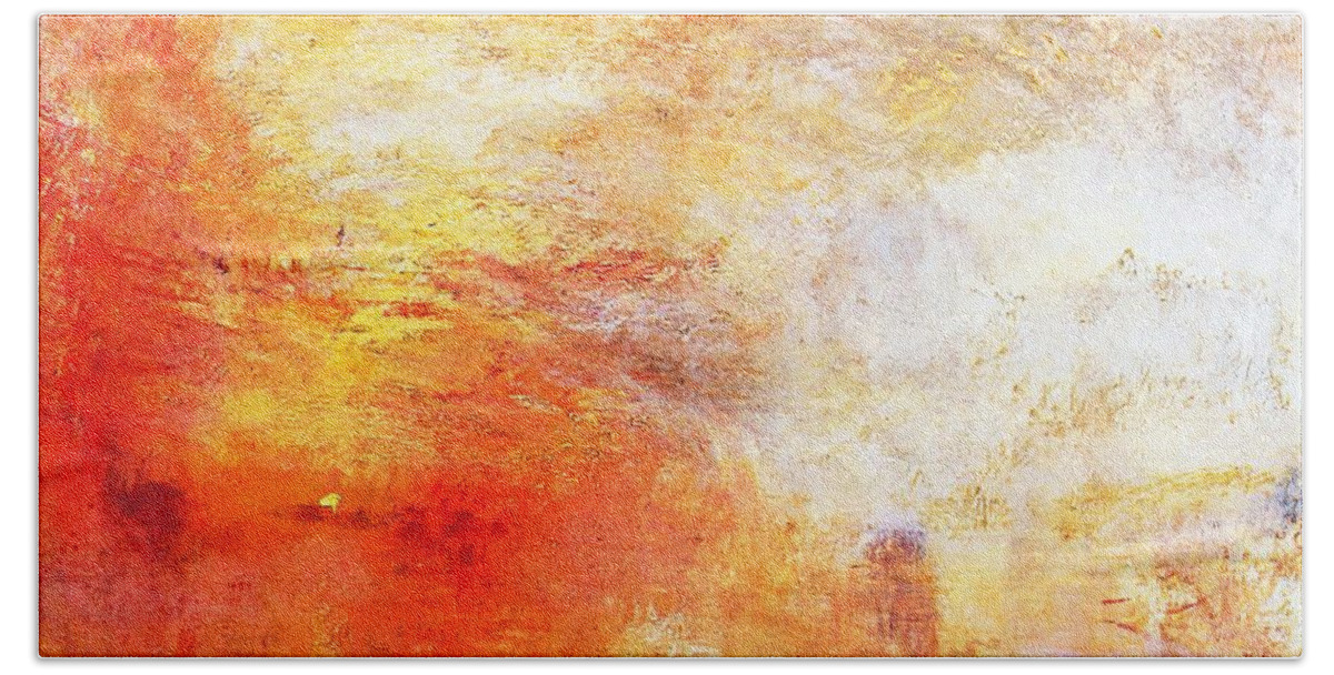 Joseph Mallord William Turner Bath Towel featuring the painting Sun Setting Over A Lake by William Turner